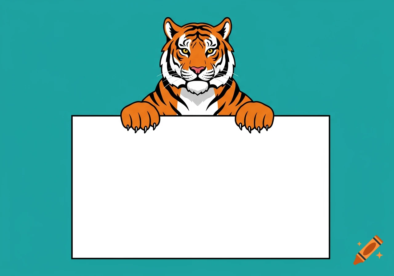 Cartoon illustration of a tiger holding a blank white sign