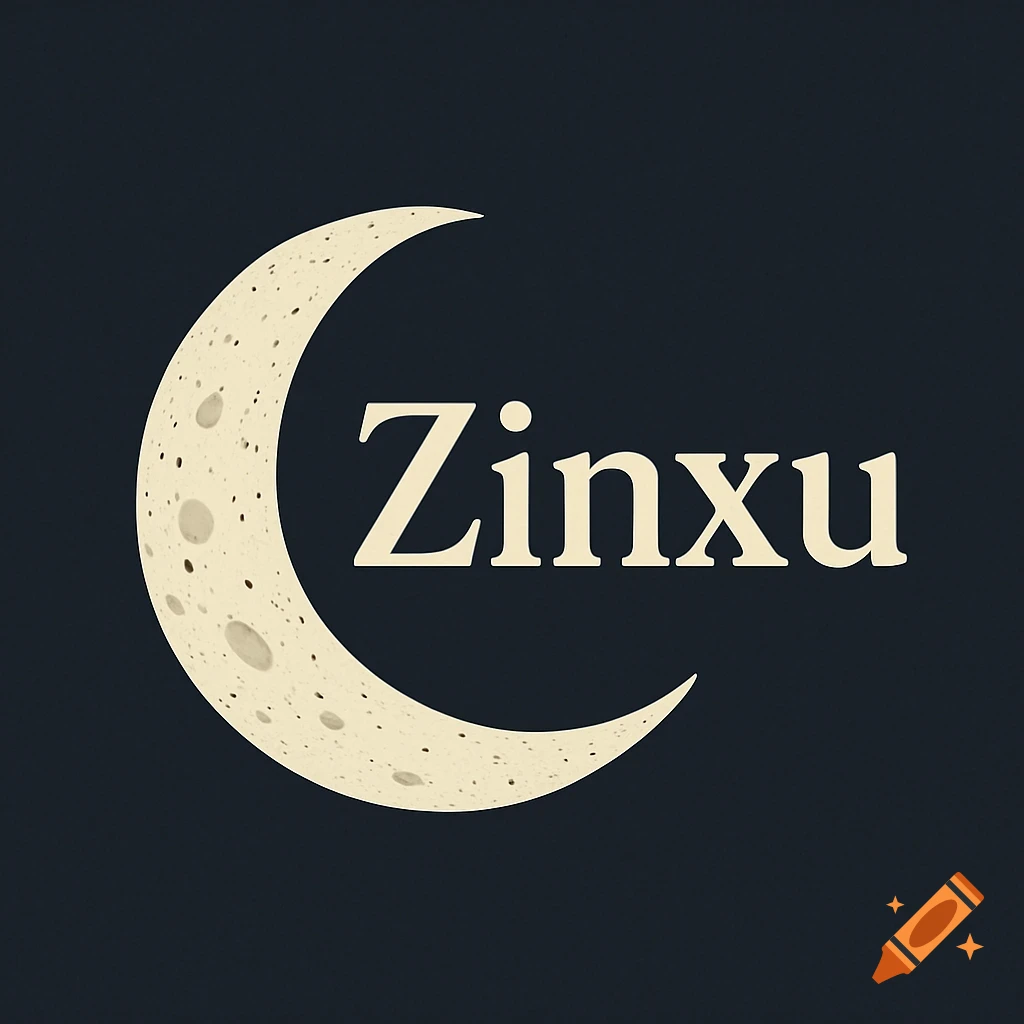 A logo featuring a crescent moon with craters next to the word Zinxu on a dark background.