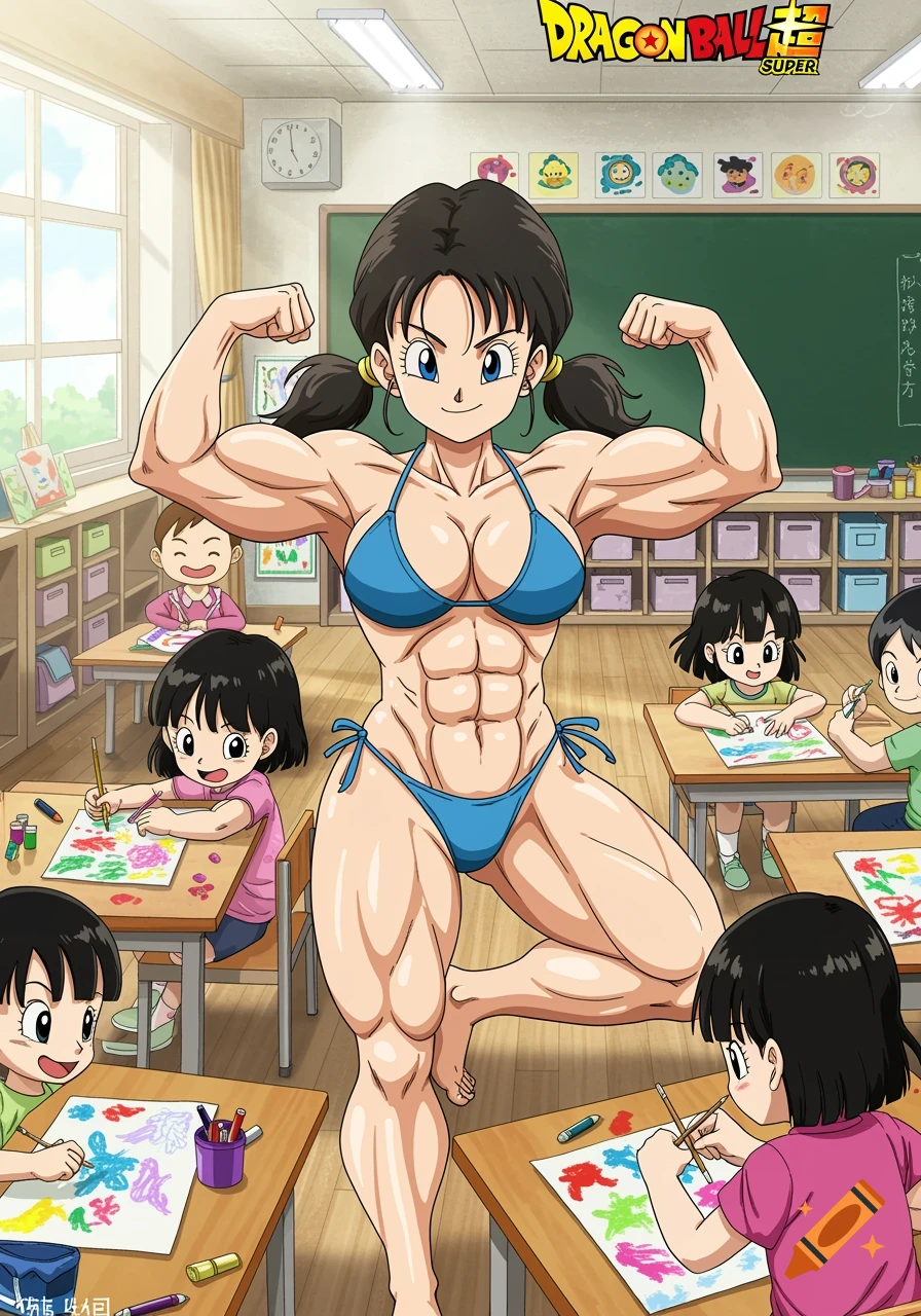 Muscular anime woman in bikini flexing in a classroom with children drawing.
