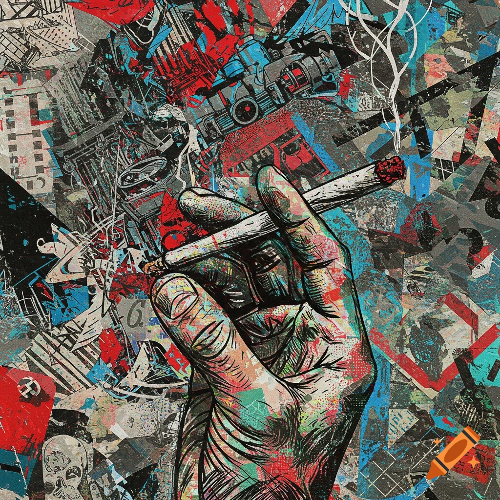 Illustration of a hand holding a lit joint against a chaotic trash polka style background.