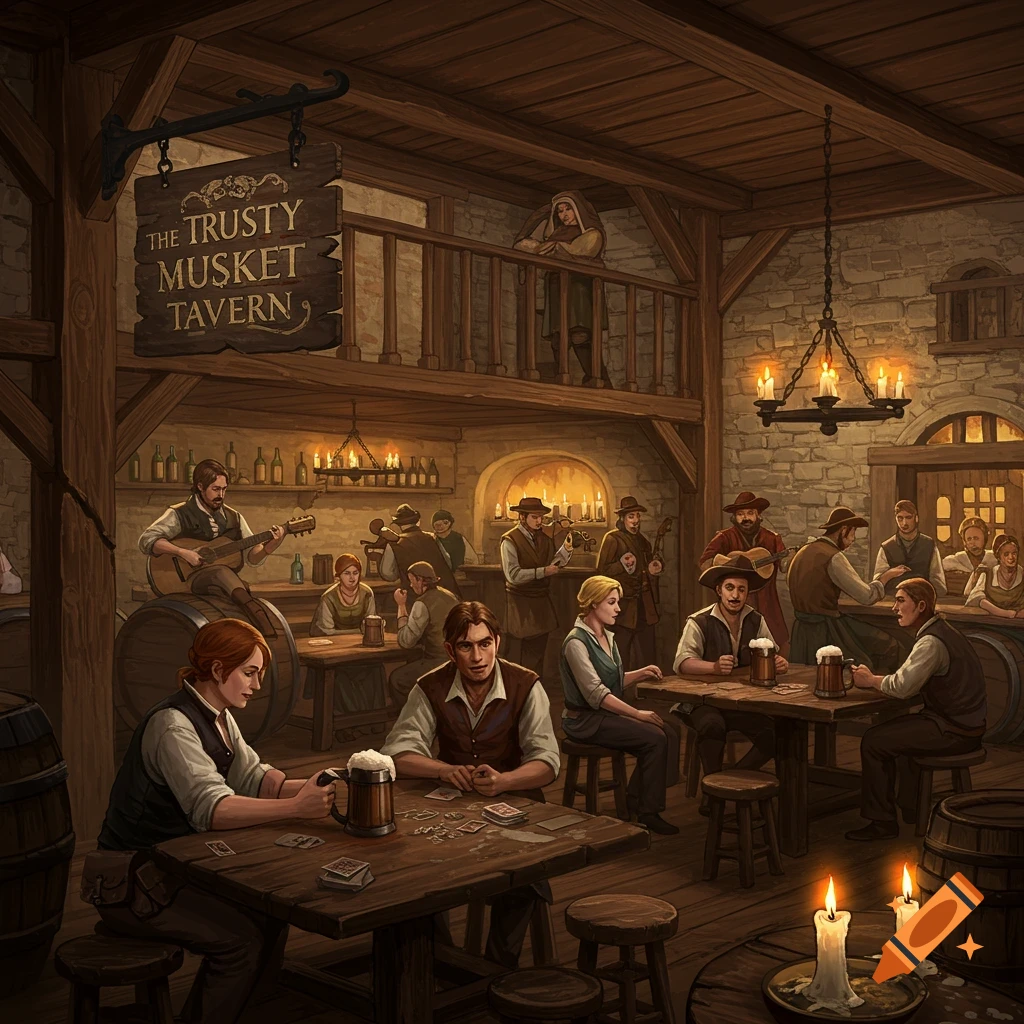 Stylized illustration of a bustling fantasy tavern with patrons drinking, playing cards, and listening to live music.