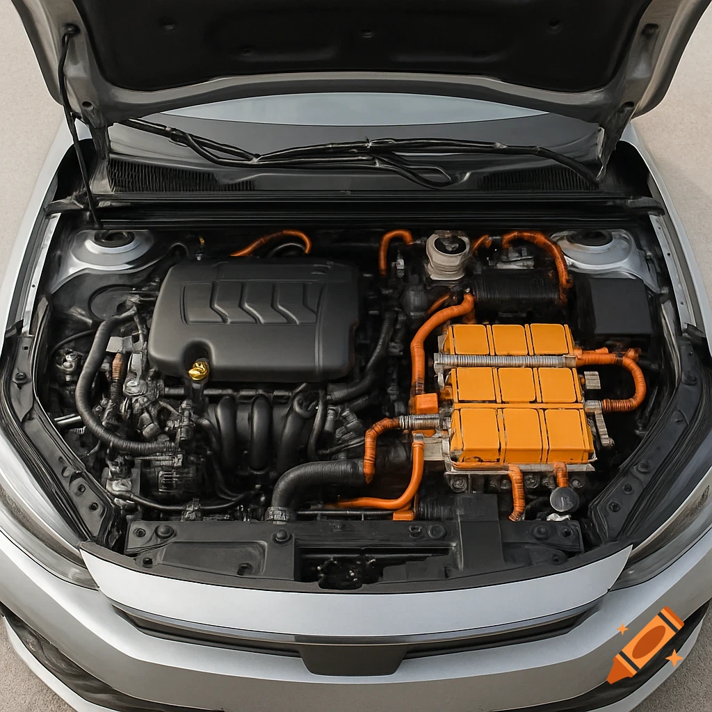 Overhead view of an open car hood showing the engine and orange battery packs.