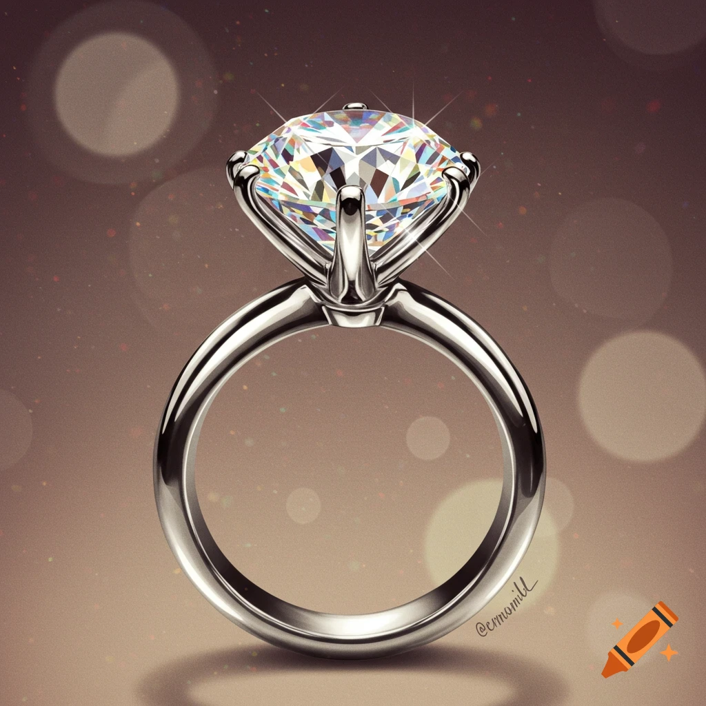 A close-up illustration of a sparkling diamond engagement ring on a blurred background with bokeh lights.
