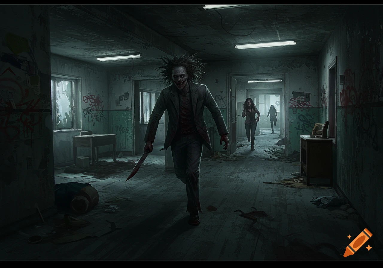 Creepy figure with knife chasing two people down a dirty, abandoned hallway in a dark, stylized horror scene.