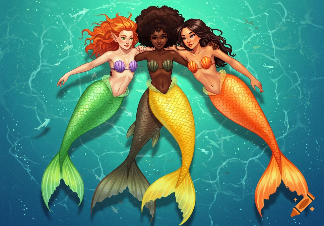 Three mermaids with different colored tails and hair float in the ocean