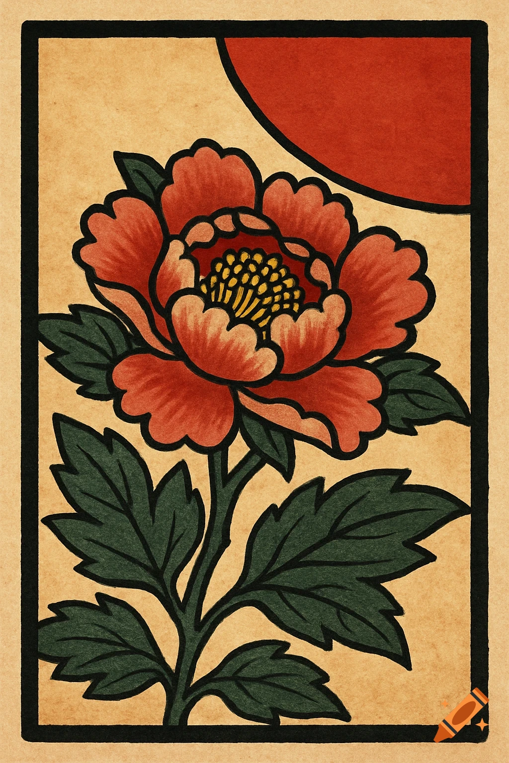 Japanese woodblock print of a red peony flower with green leaves and a red circle on a tan background.