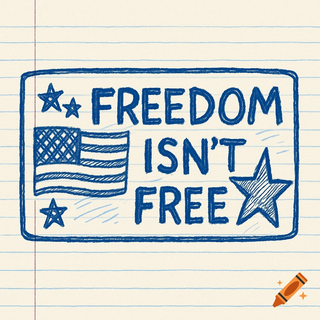 Blue doodle on lined paper with American flag, stars, and text 'FREEDOM ISN'T FREE'.