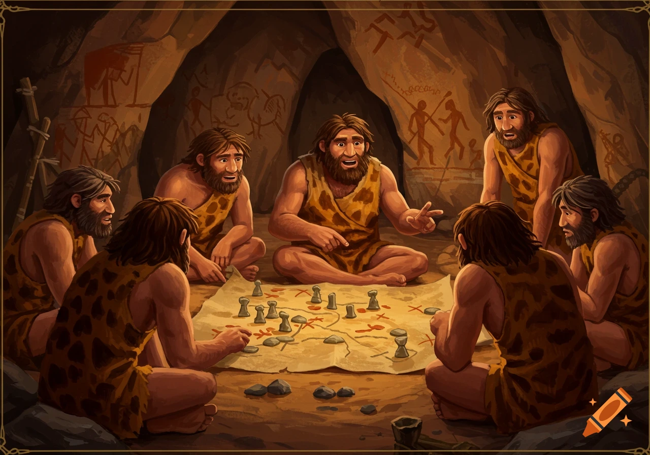 Illustration of cavemen playing a wargame on a map in a cave with rock paintings.