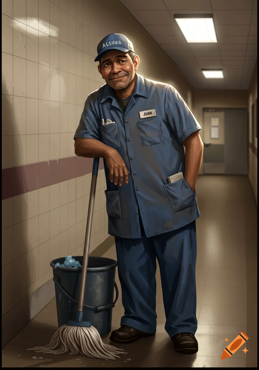 Illustration of a janitor leaning on a mop next to a bucket in a hallway.