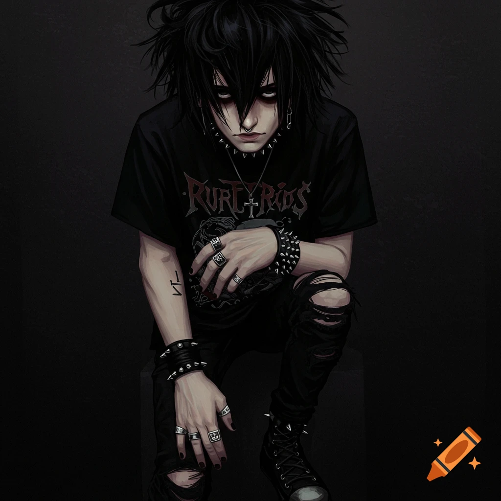 A person with messy black hair, dark eye makeup, piercings, and punk/goth clothing kneels against a dark background.