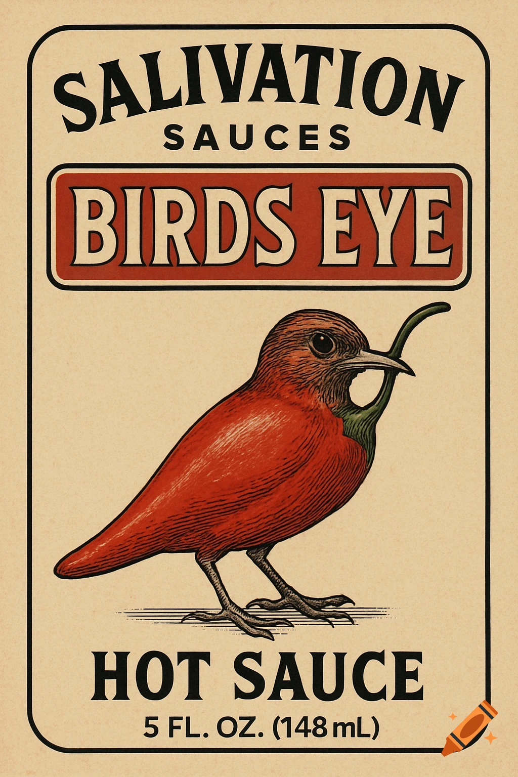 Hot sauce label featuring a red bird illustration and text