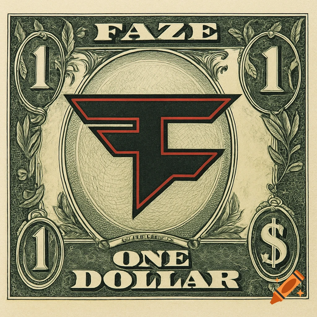 Illustration of a dollar bill featuring the FaZe Clan logo in place of a portrait, rendered in an engraved style.