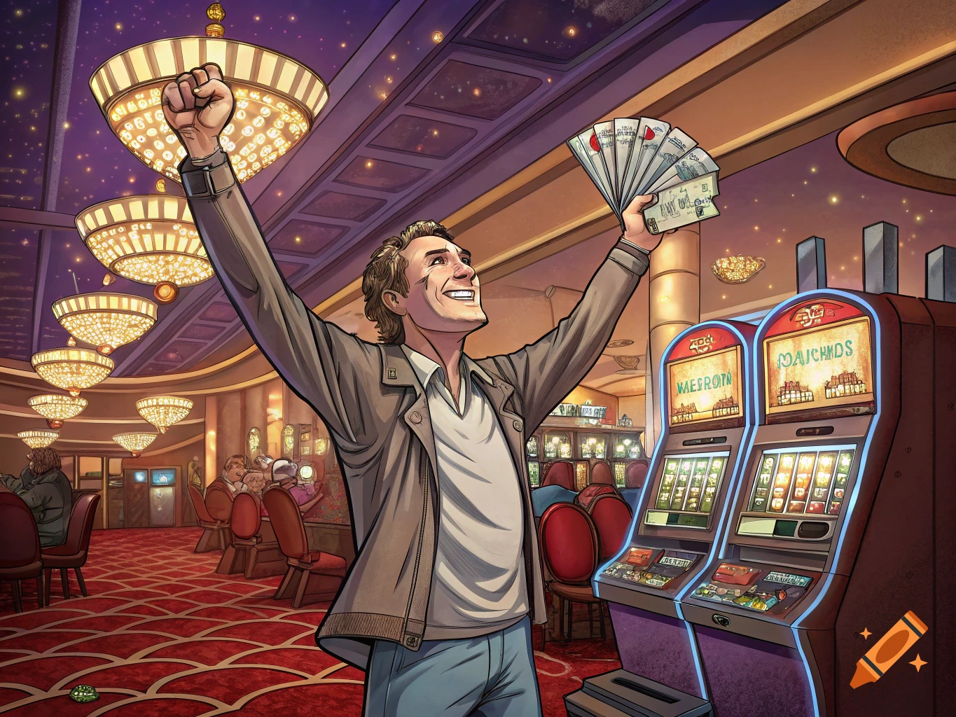 Illustrated man celebrates winning money at slot machines in a casino.