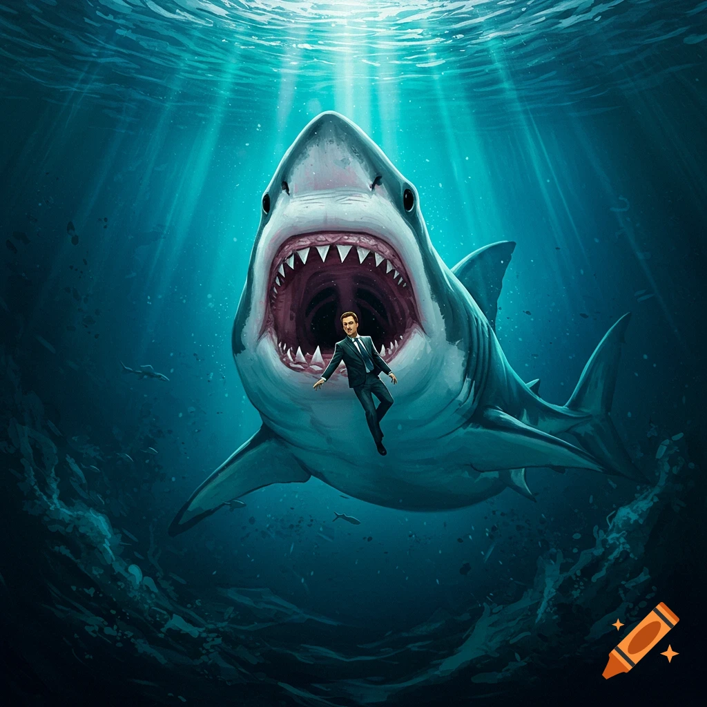 Illustration of a man in a suit falling into the open mouth of a giant shark underwater.