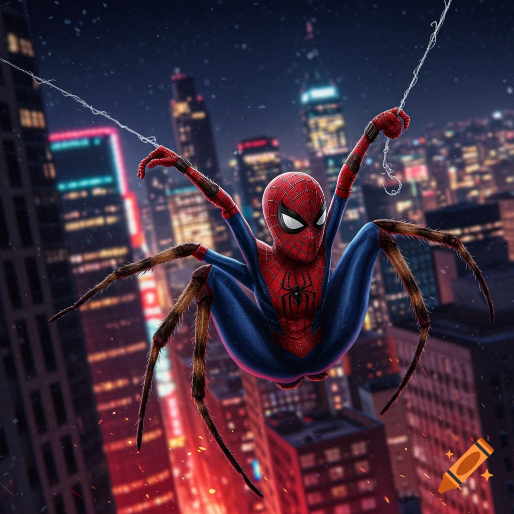 Spider-Man with spider legs swings through a city at night.