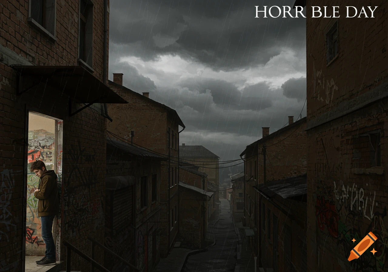 A person stands in a dark, rainy alleyway with graffiti on the walls.