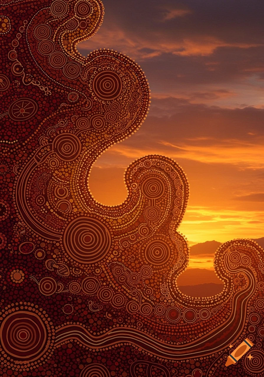 Abstract aboriginal-style dot art in earth tones against a sunset sky.