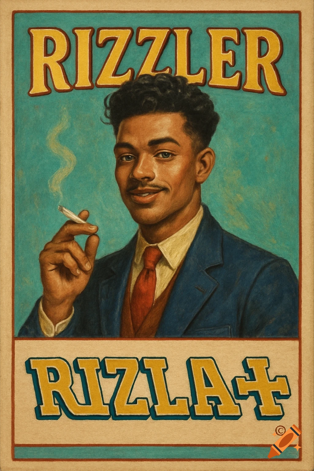 A vintage-style portrait of a man smoking, with "RIZZLER" and "RIZLA+" text.
