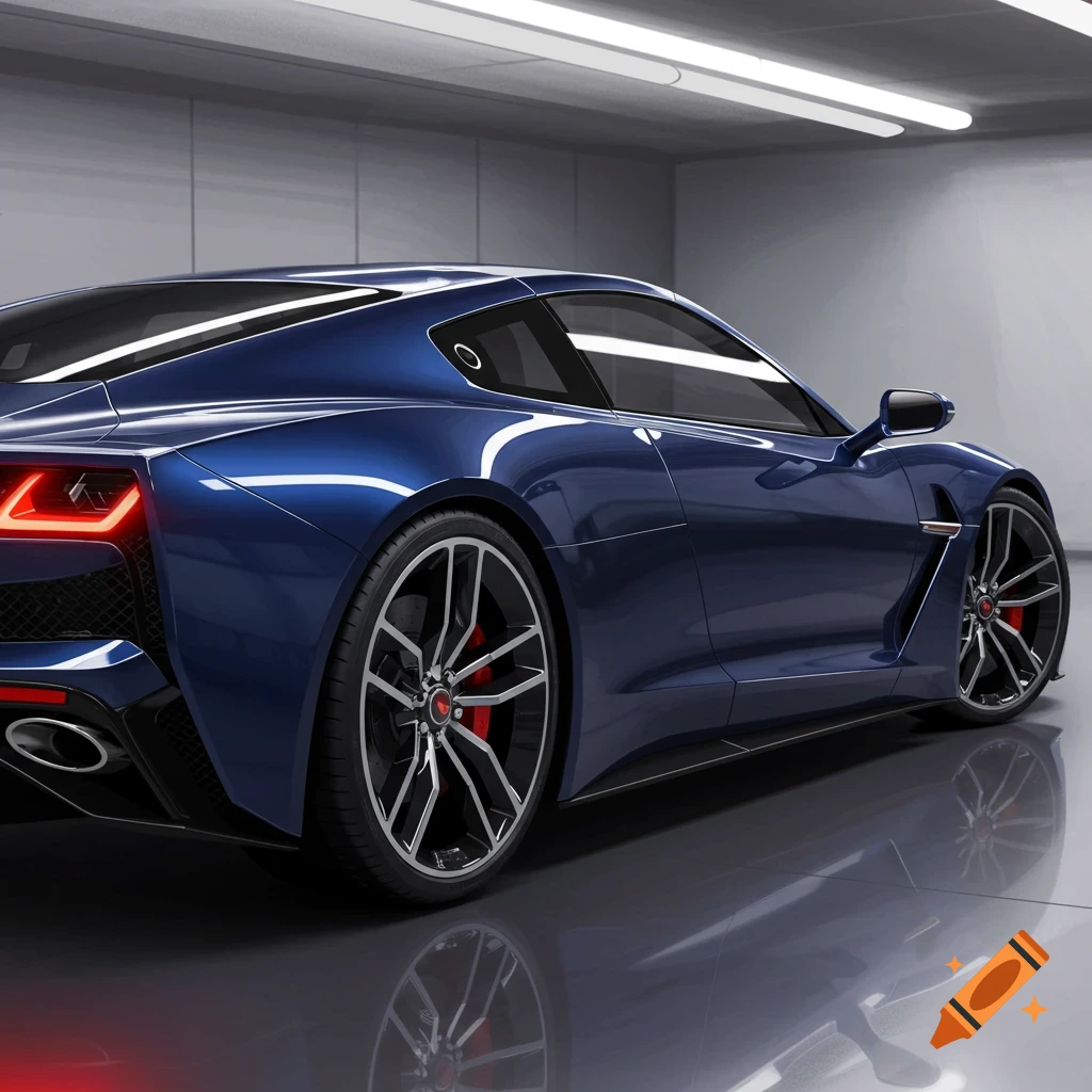 A blue sports car parked in a garage with a reflective floor.