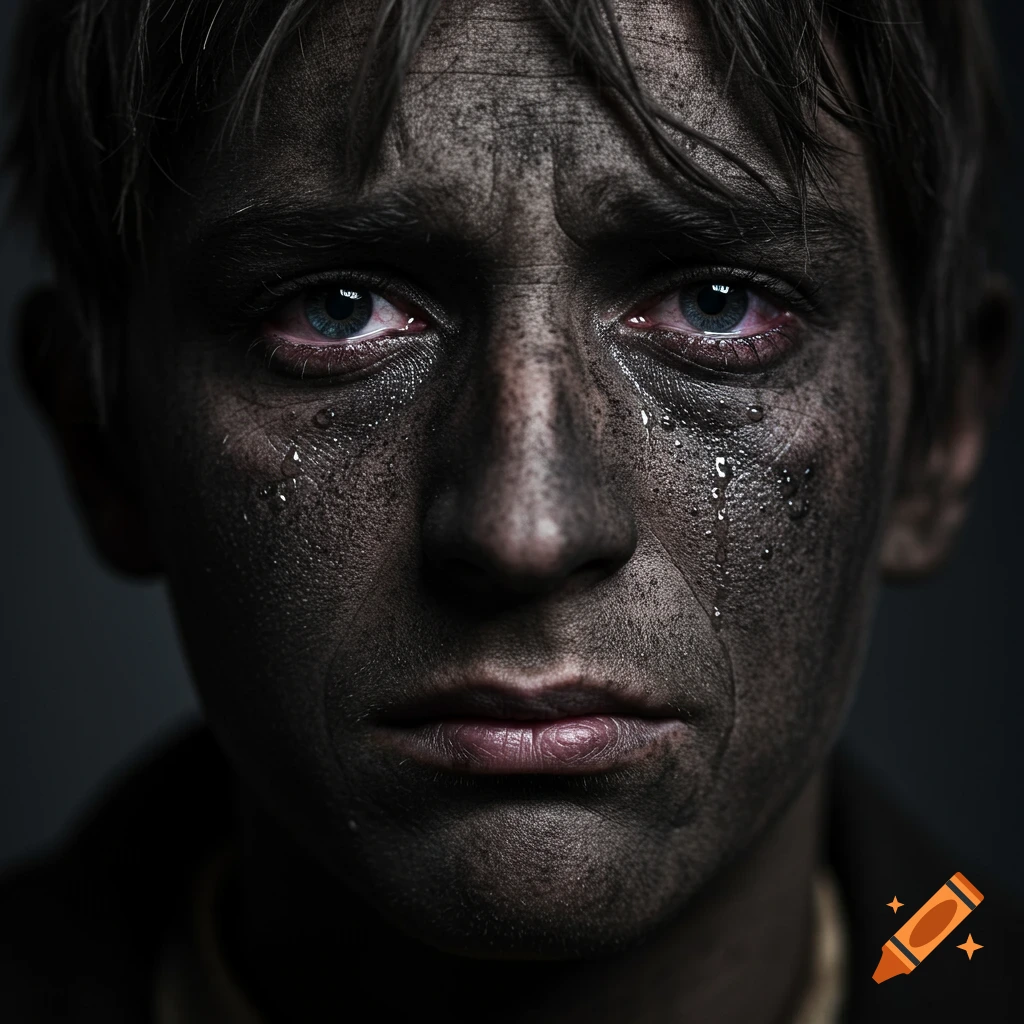 Close-up portrait of a dirty, tear-stained face with a sad expression.