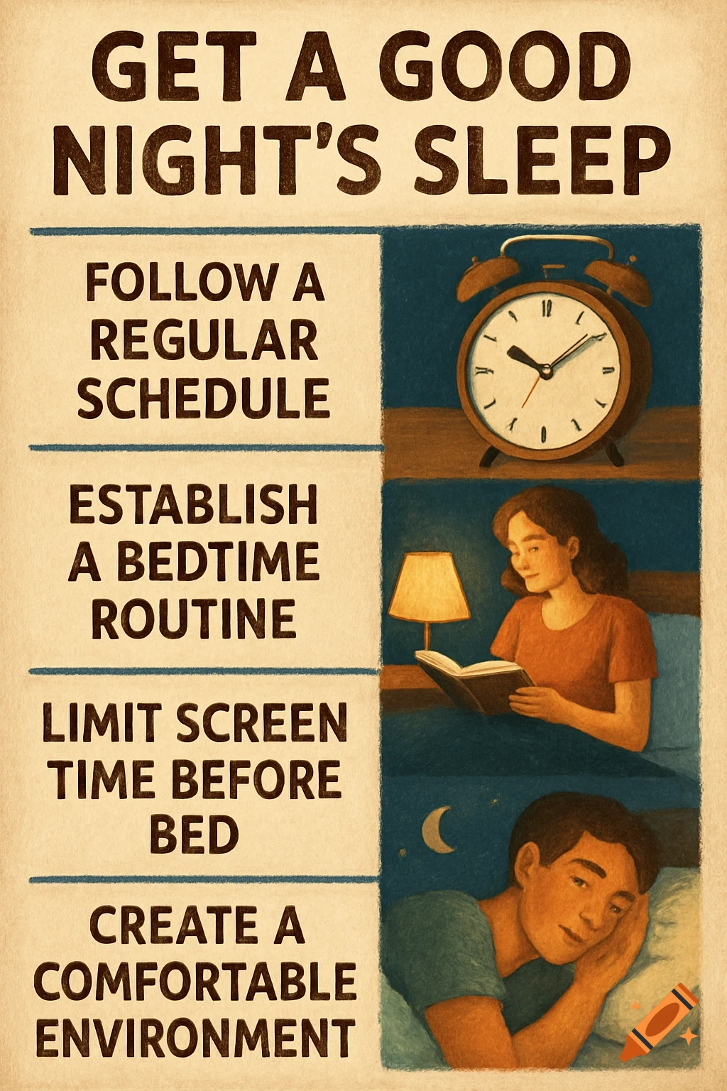 Poster with tips for good sleep and illustrations of a clock, woman reading, and man sleeping.