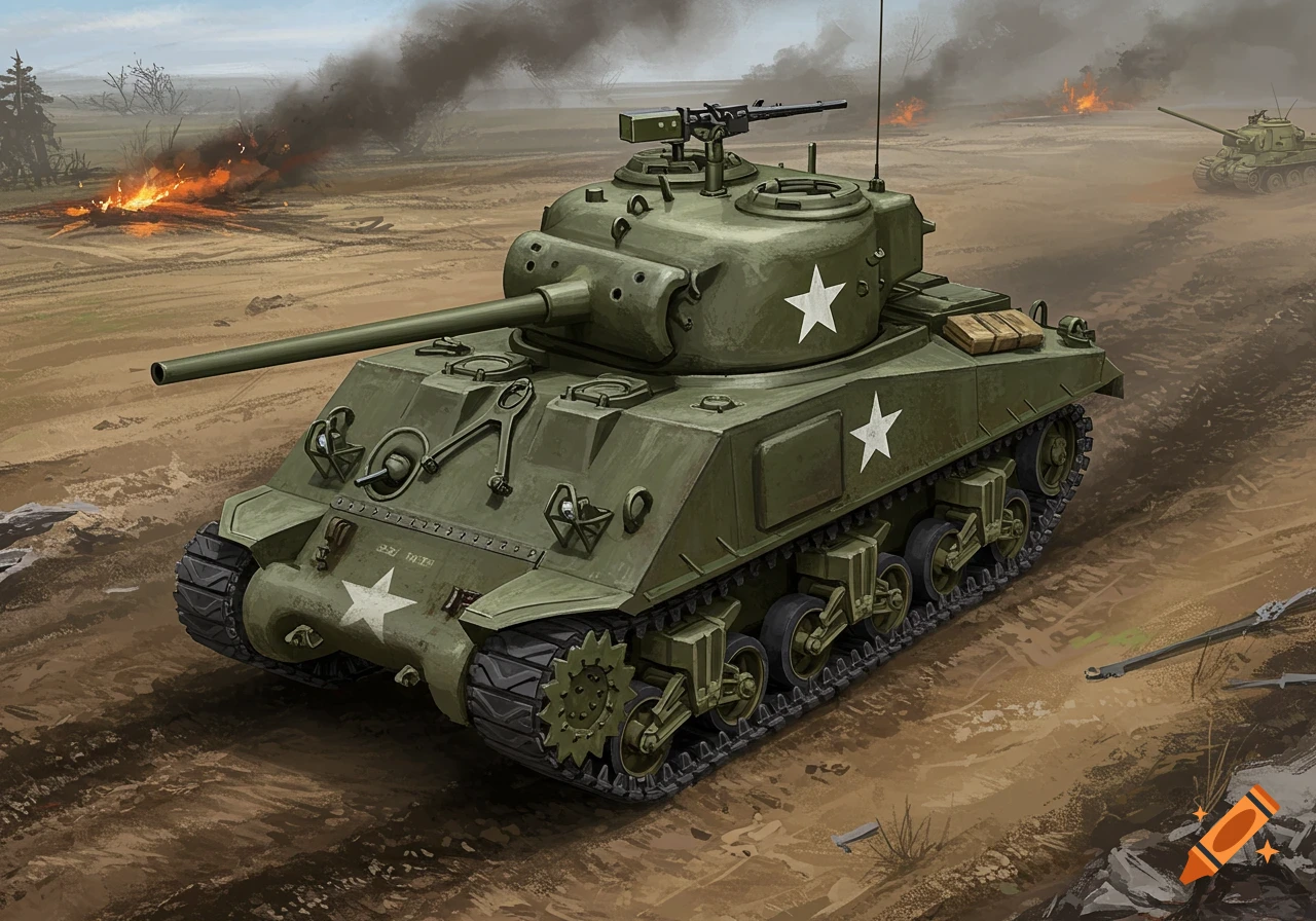Illustration of a green Sherman tank on a battlefield with smoke and fire in the background.