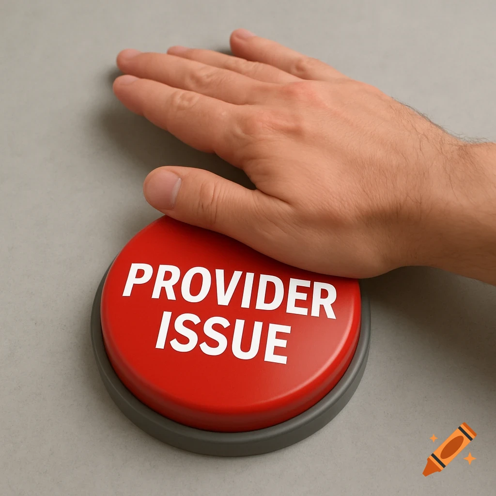 A hand is poised above a large red button labeled "PROVIDER ISSUE".