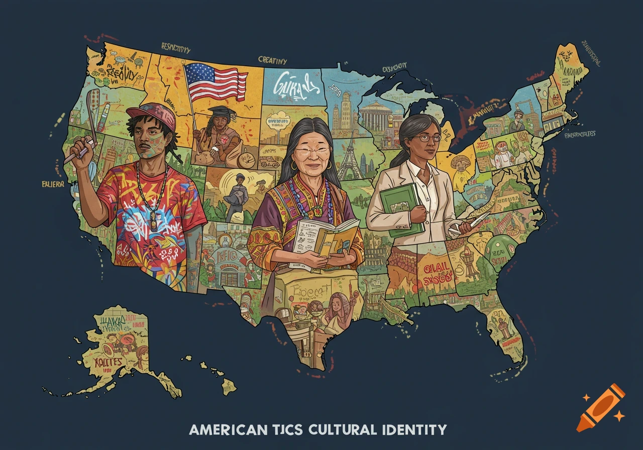 Illustration of the US map filled with diverse cultural scenes and figures: a painter, a reader, and a professional.