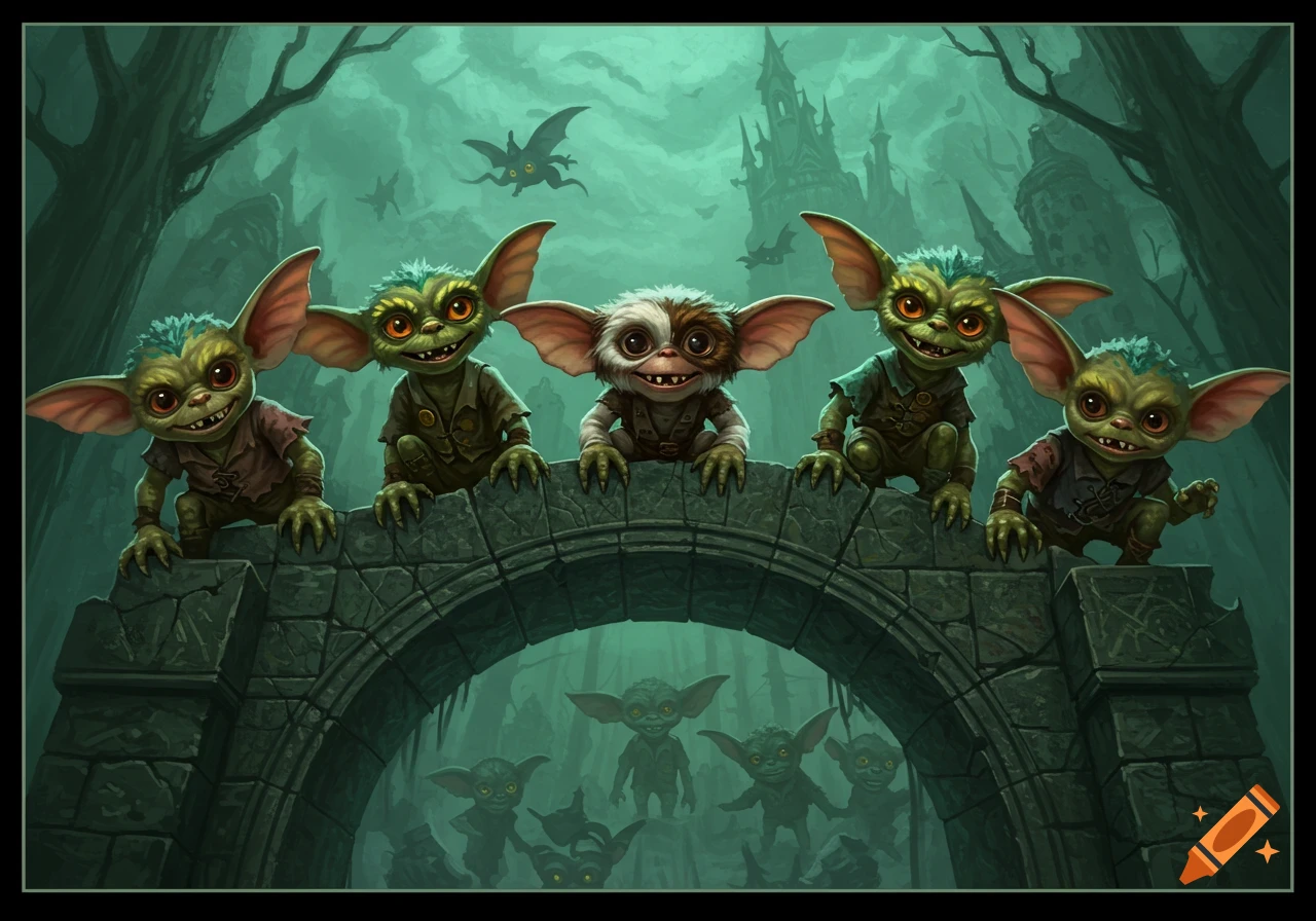 Fantasy illustration of five gremlin-like creatures over a stone arch in a spooky forest with a castle and bats.