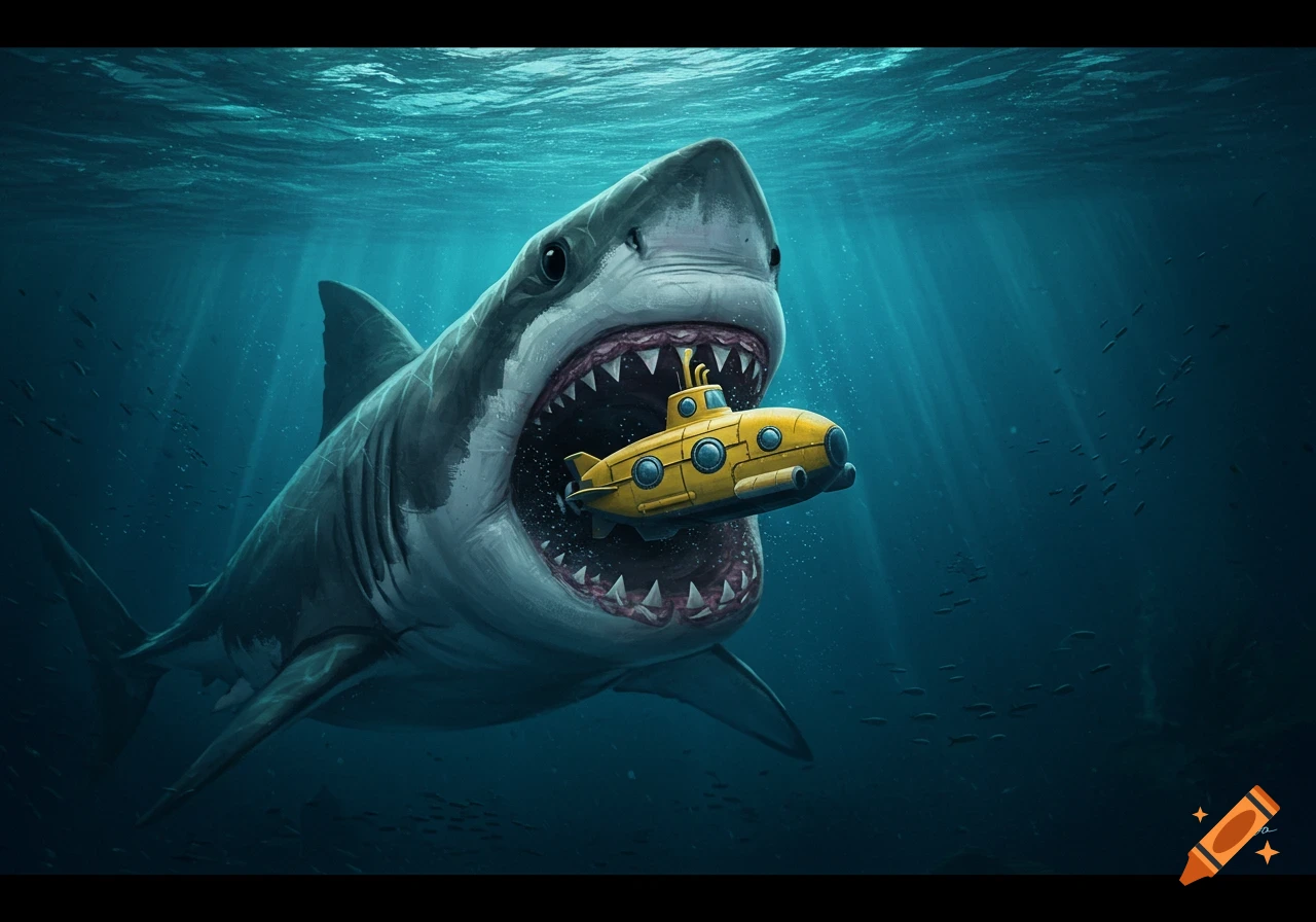 Illustration of a giant shark about to eat a yellow submarine underwater.