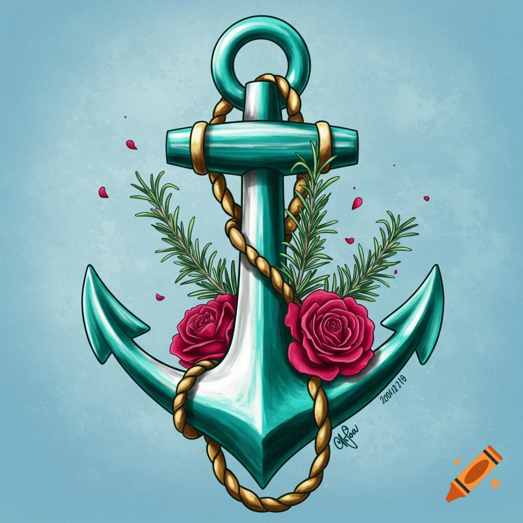 Illustration of a teal, white, and gold anchor decorated with red roses and rosemary sprigs on a blue background.