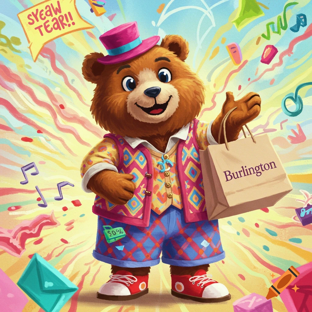 A festive cartoon bear mascot holding a Burlington shopping bag surrounded by confetti.