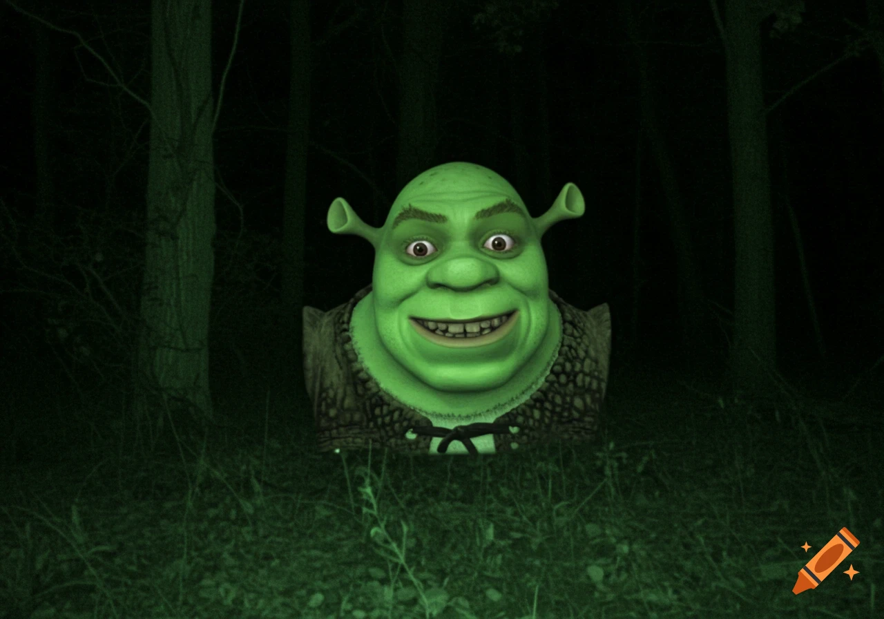 Shrek's head emerges from a dark forest at night, lit by a green glow.