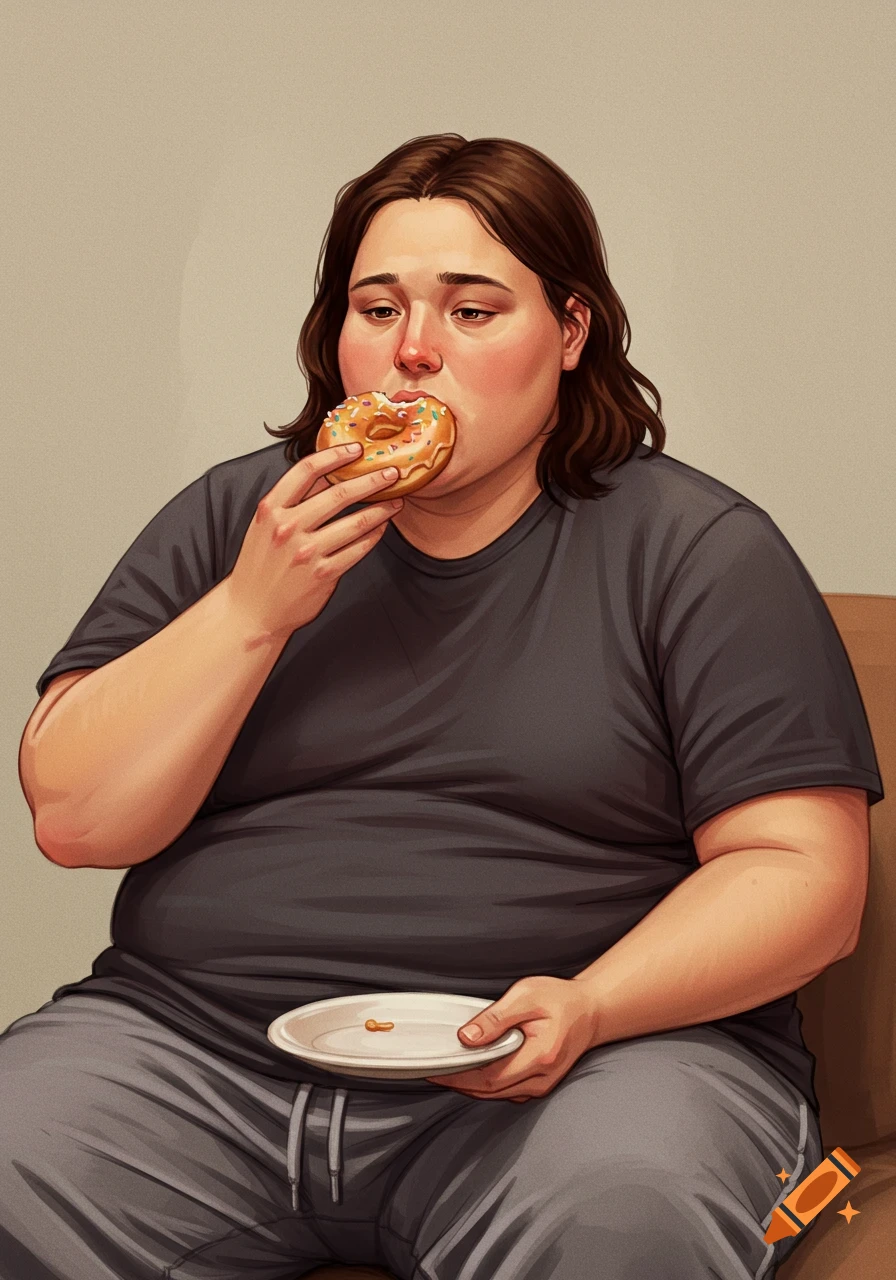 An illustration of a person sitting and eating a donut.