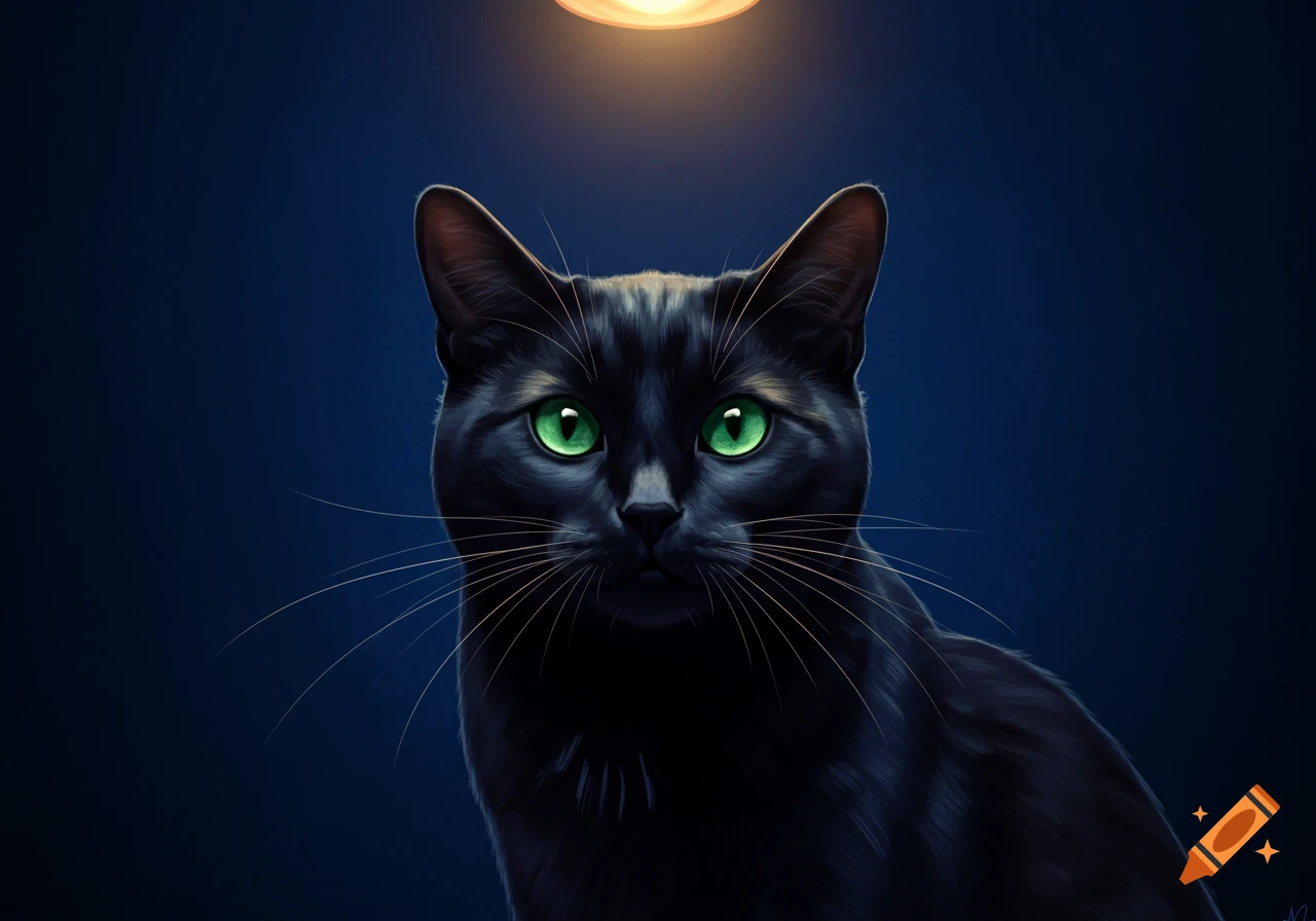 Close-up of a black cat with striking green eyes looking up at a light ...