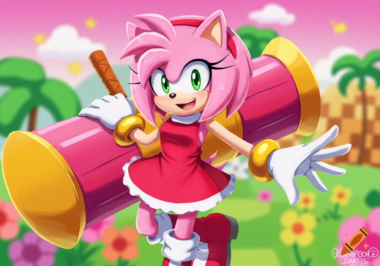 Amy Rose, a pink hedgehog, holds a large pink and yellow hammer, smiling in a bright, colorful cartoon landscape.