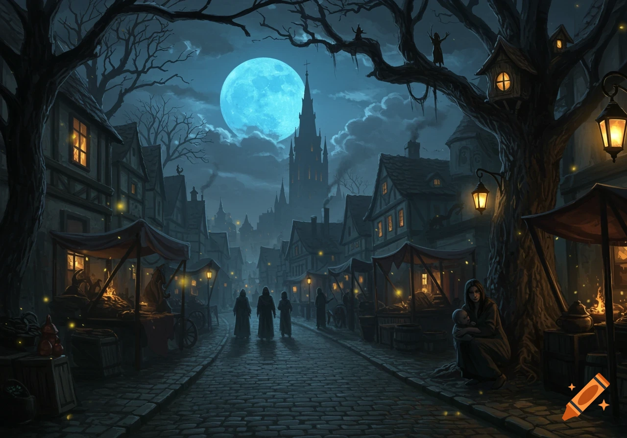 A dark fantasy street scene with markets, cloaked figures, and a mother with a baby under a large blue moon.