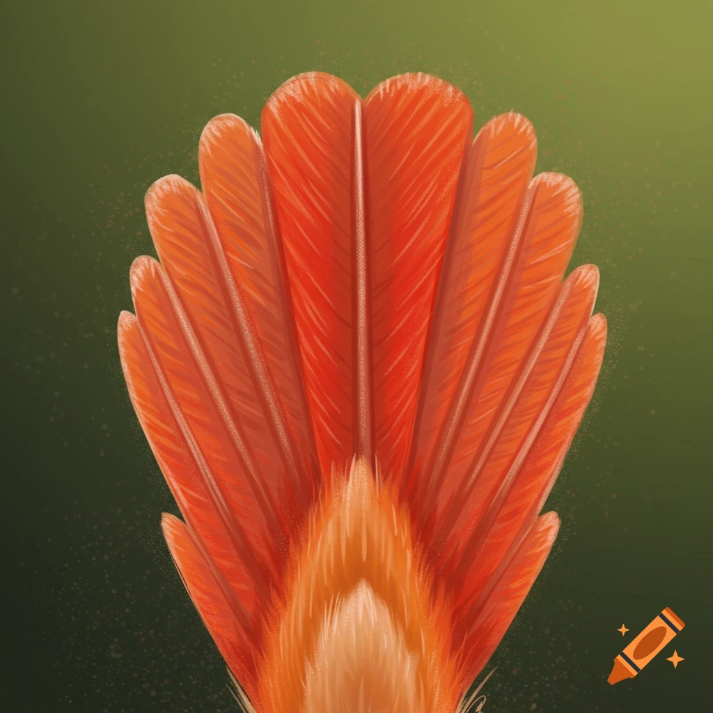 Close-up illustration of bright orange and red bird tail feathers.