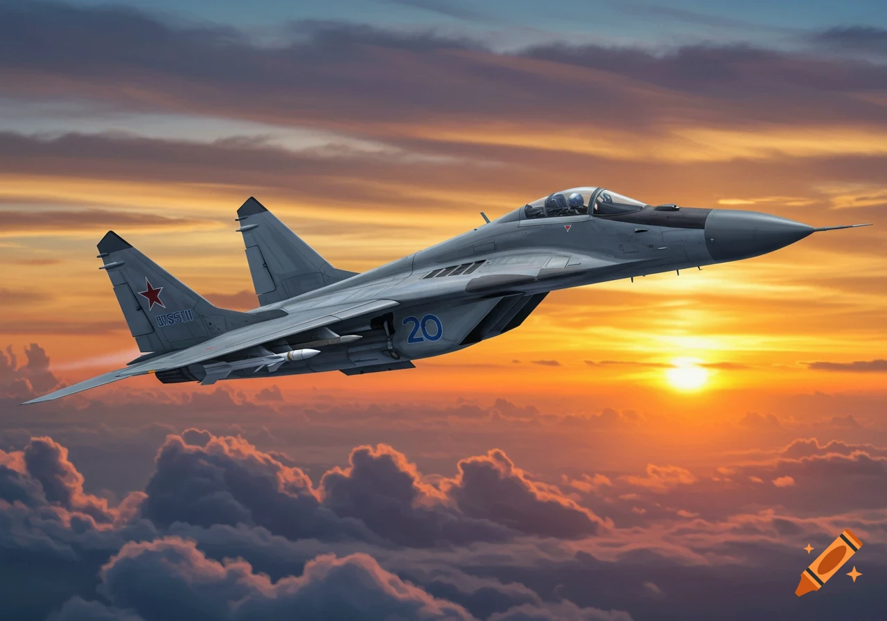 A MiG-29 fighter jet flies through clouds during sunset.