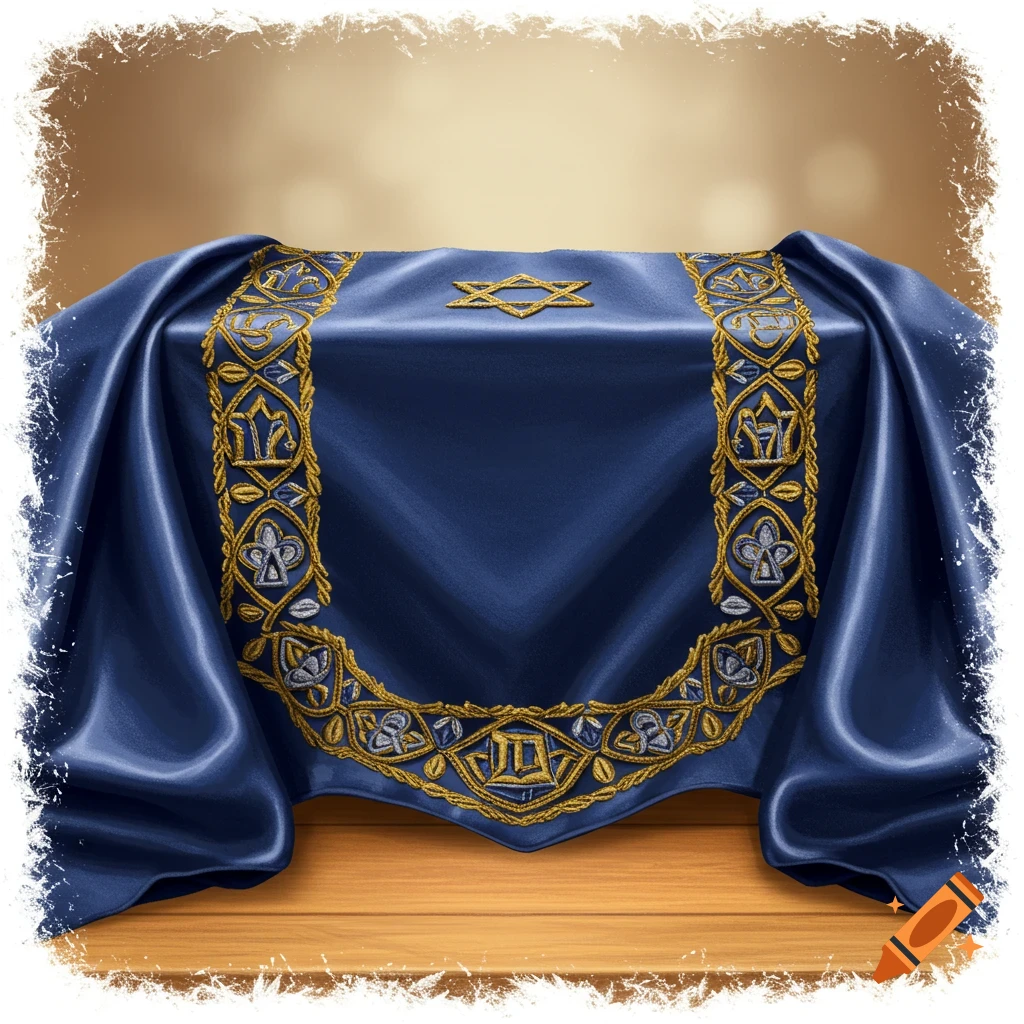 Blue satin cloth embroidered with gold and silver patterns and a Star of David, draped over a table