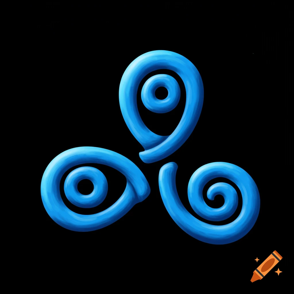 A glossy blue triskelion symbol on a black background.