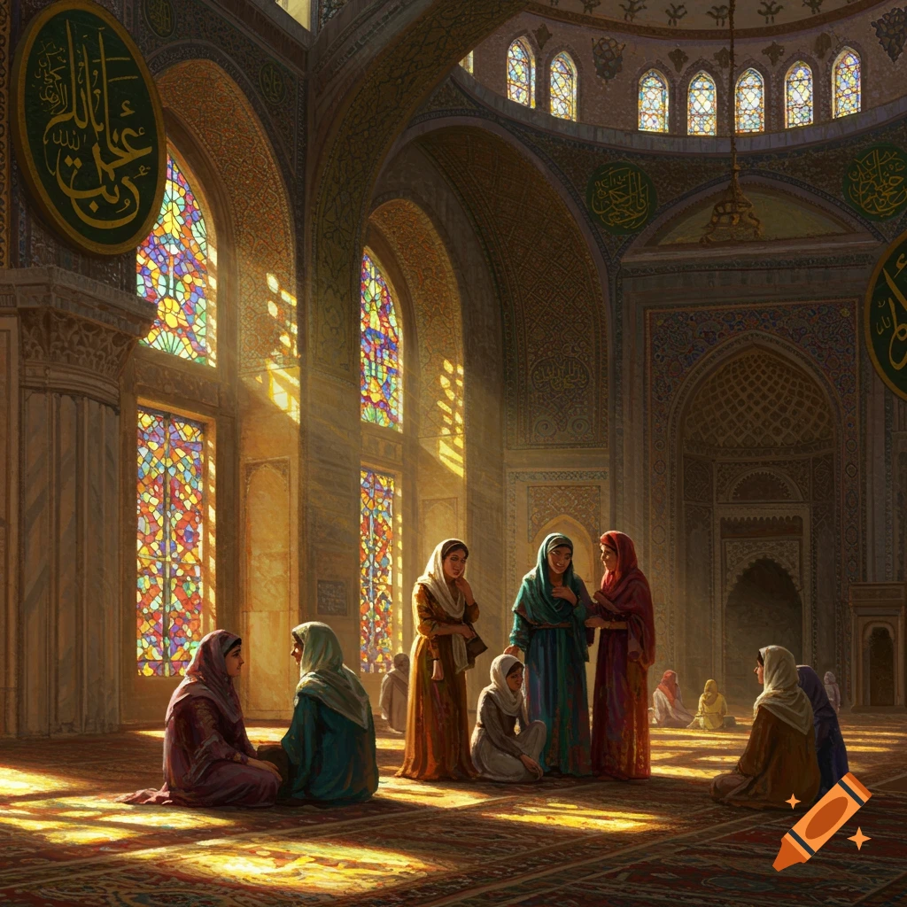 Sunlight streams through stained glass windows onto women sitting on a rug inside a large mosque.