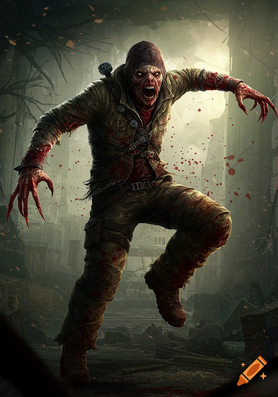 Stylized horror illustration of a jumping zombie with claws and blood splatter in a ruined city.