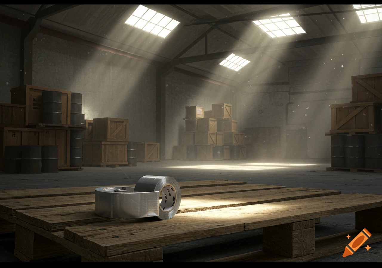 A roll of silver duct tape sits on a wooden pallet in a dusty warehouse bathed in shafts of sunlight.