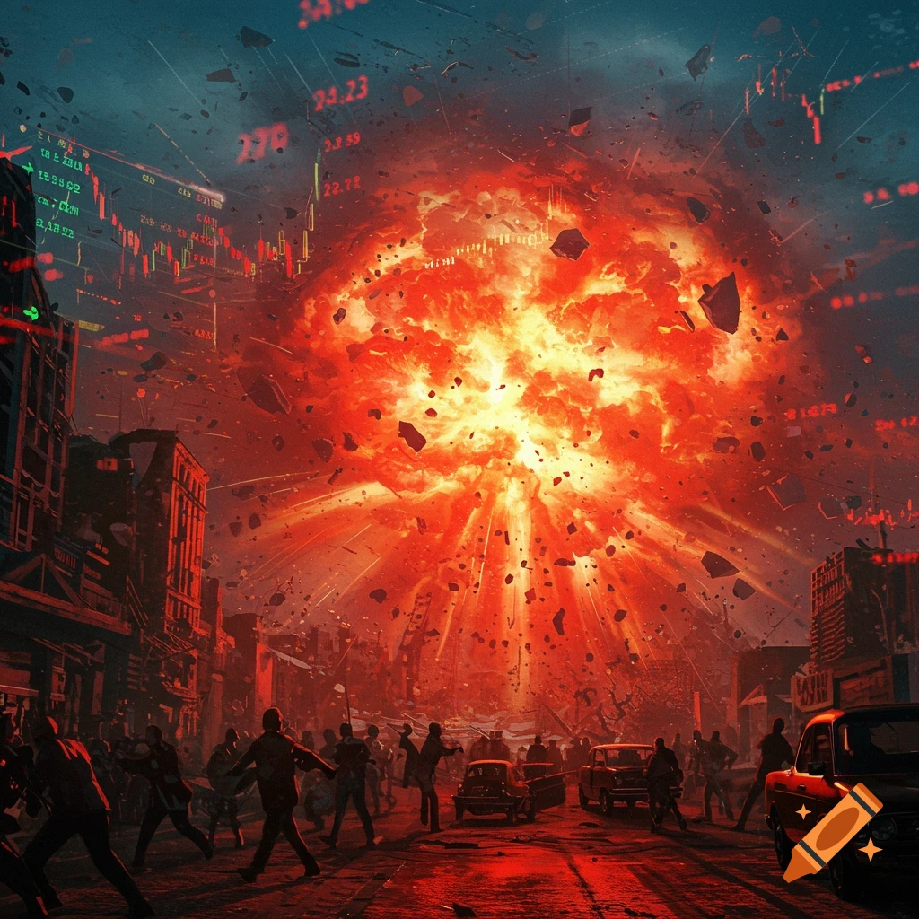 An apocalyptic scene of an explosion engulfing a city street with people fleeing, overlaid with red and green financial charts.