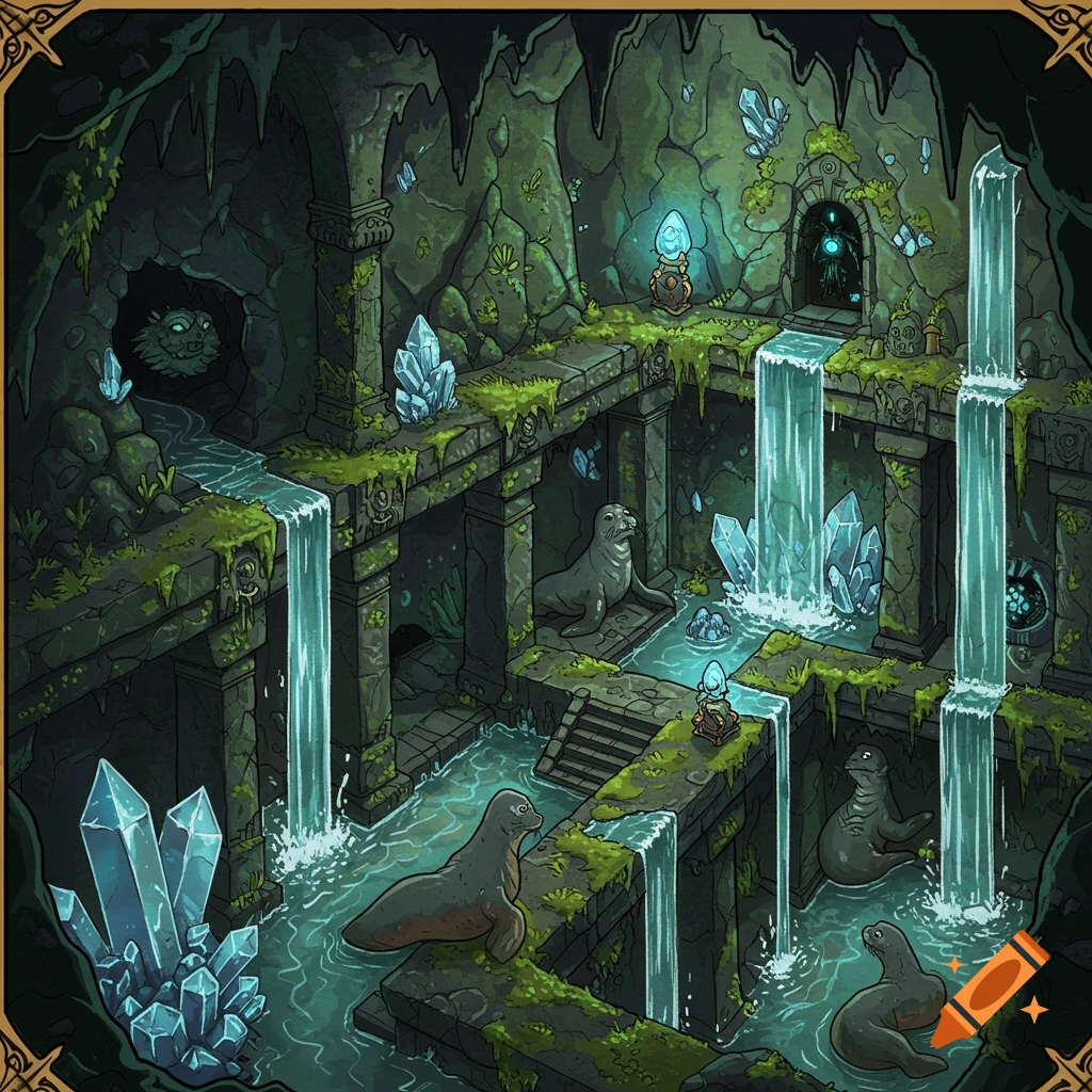 Illustration of seals in a fantasy cave dungeon with waterfalls and large crystals.