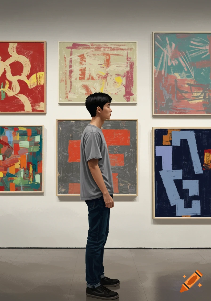 A person stands in an art gallery looking at abstract paintings.