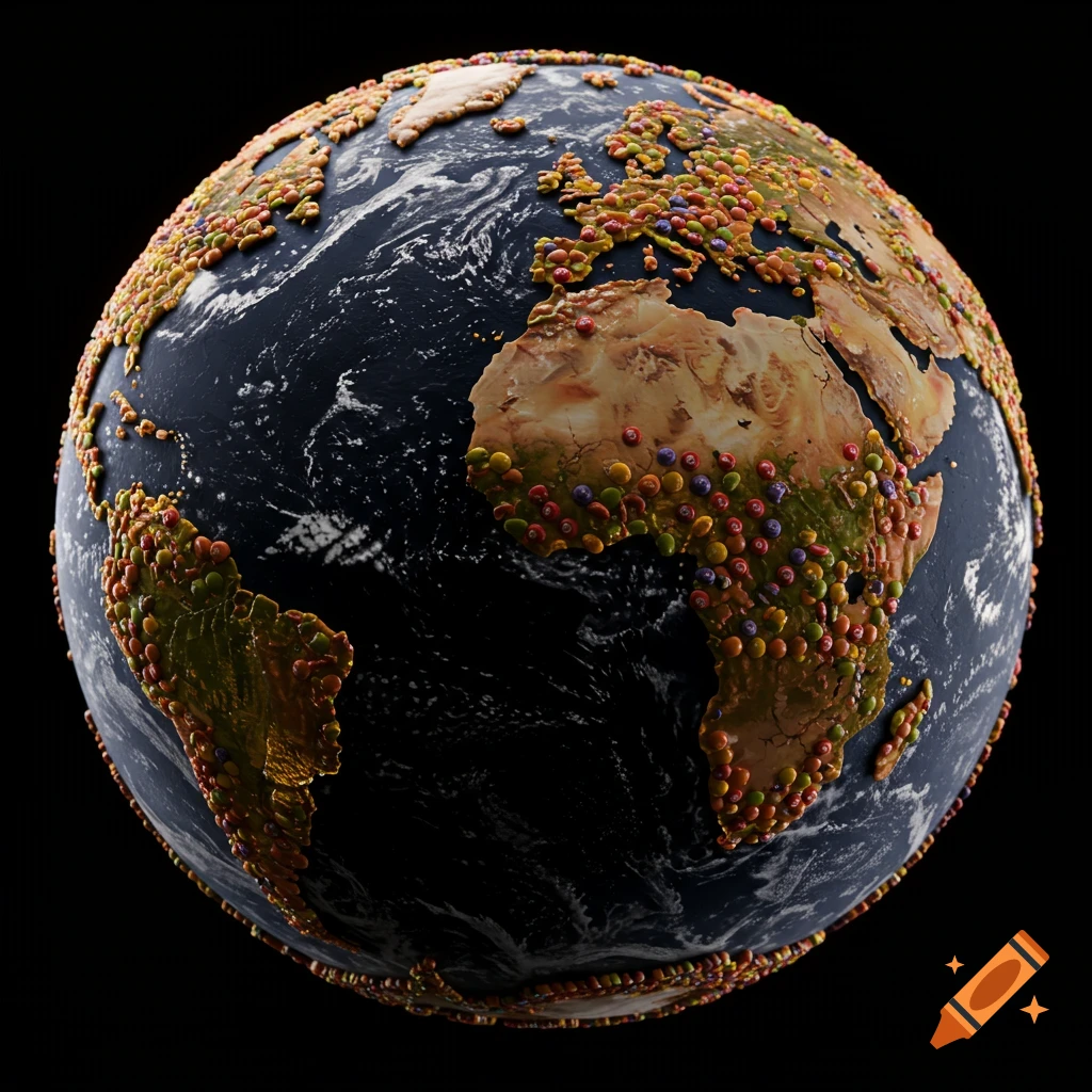 A globe of the Earth with landmasses made of colorful candies.
