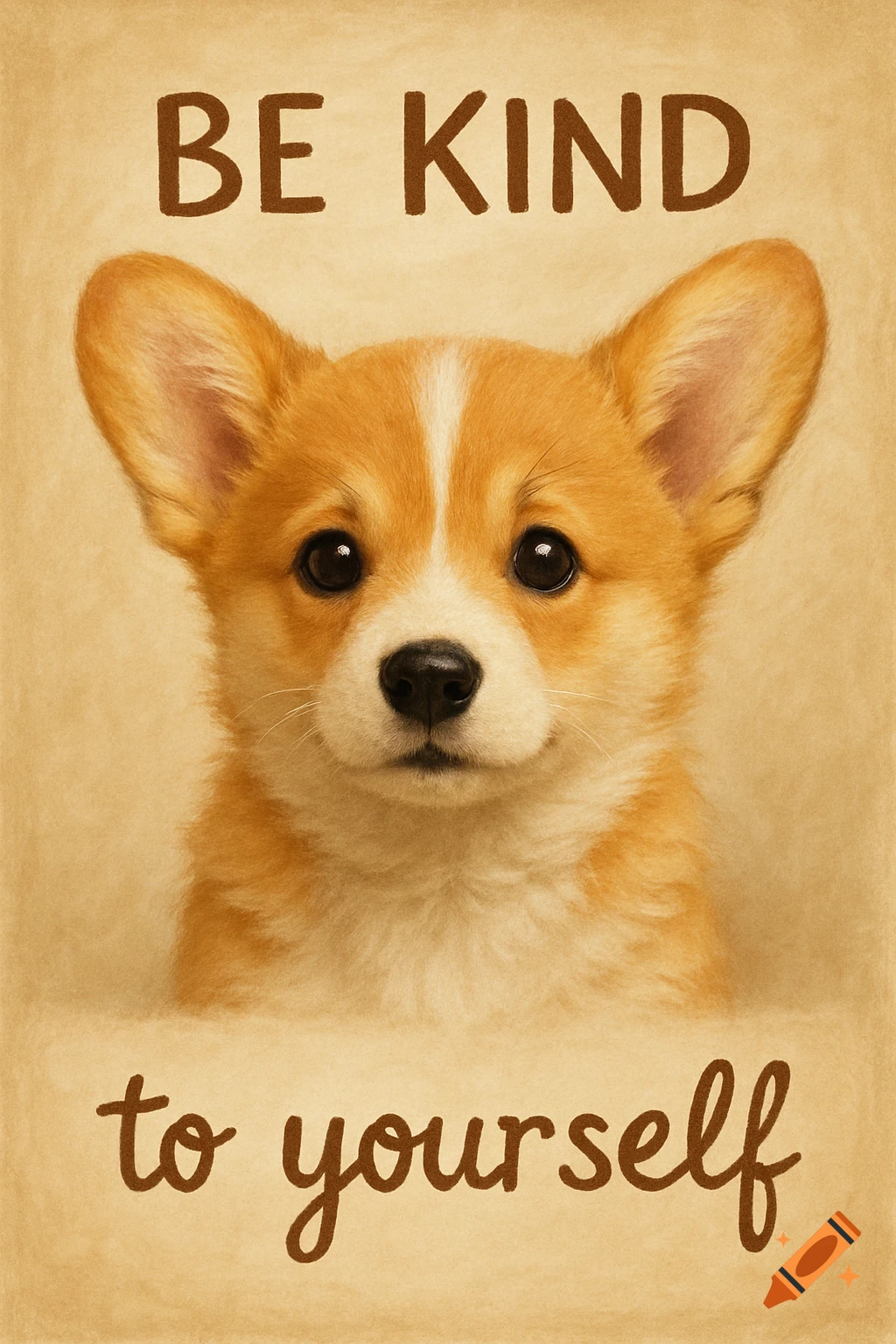 Close-up of a corgi puppy face on a textured background with the text 'BE KIND to yourself'.