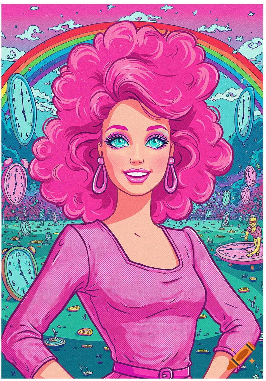 A woman with bright pink hair in a pink outfit stands in a surreal landscape with clocks and a rainbow, in a pop art style.